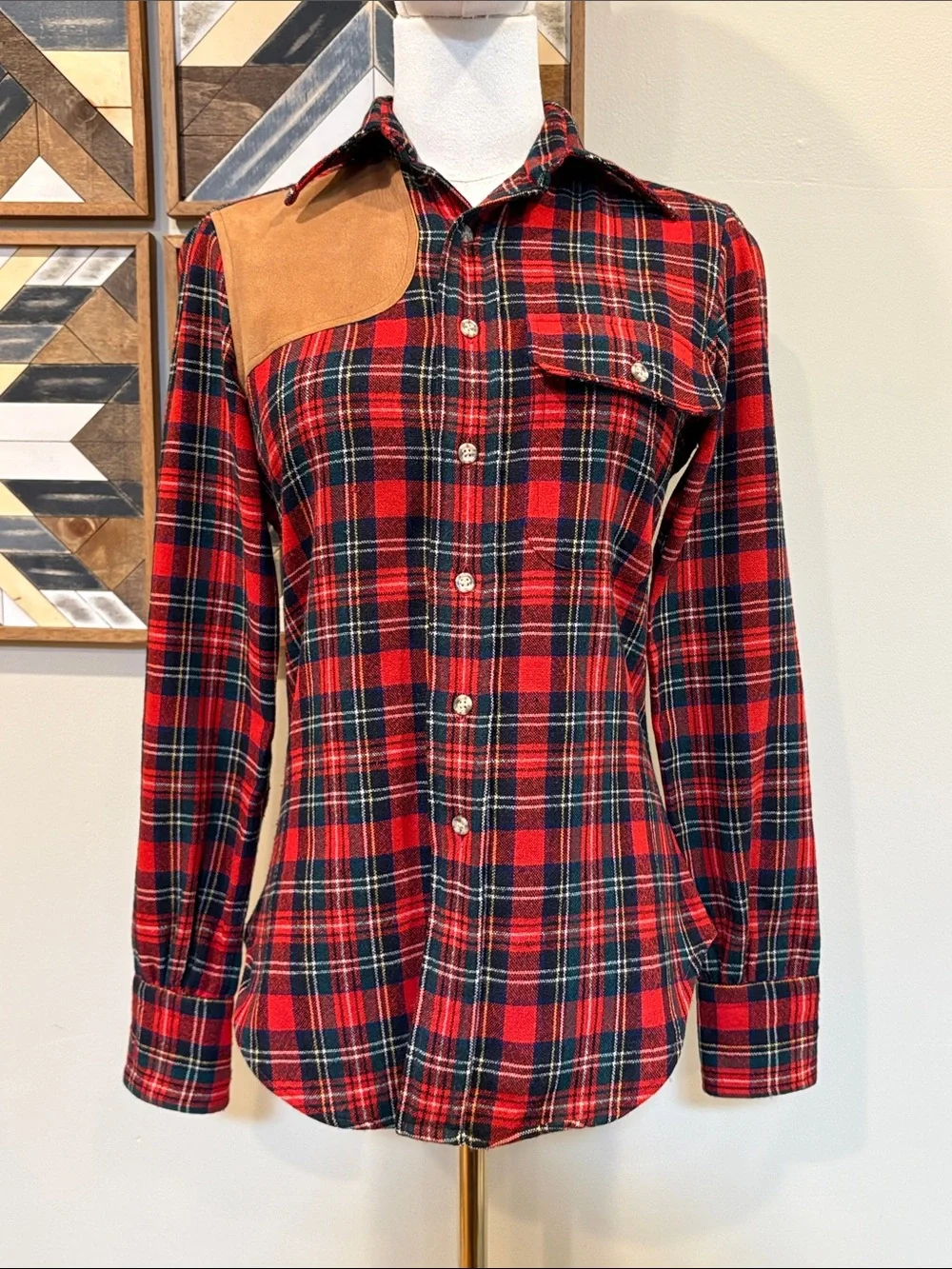 Vintage Ralph Lauren 70s Plaid Button Down Leather Patch Top size 8 *As-Is* - Picture 2 of 16